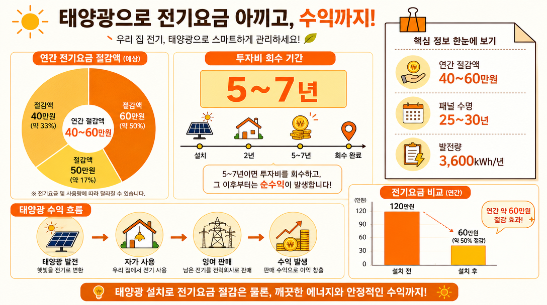 태양광 설치 지원금으로 연간 전기요금 절감 효과와 투자 회수 기간 인포그래픽